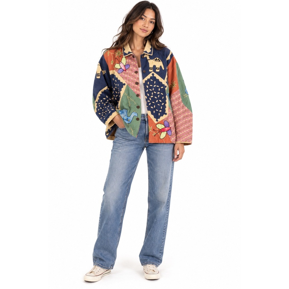 Vintage 90s Patchwork Boho Jacket sz OS Embroidered Butterfly Llama Art to Wear